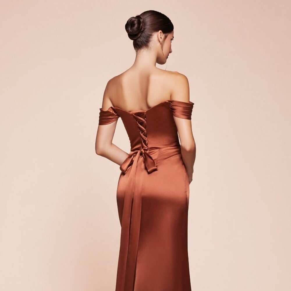 NEW FORMAL OFF SHOULDER LONG SHEATH SATIN GOWN W/ LACE UP CORSET BACK CD 7452 - Picture 4 of 10